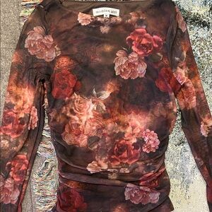 Madden Girl Burgundy and Red Floral Mesh Long-Sleeve Top